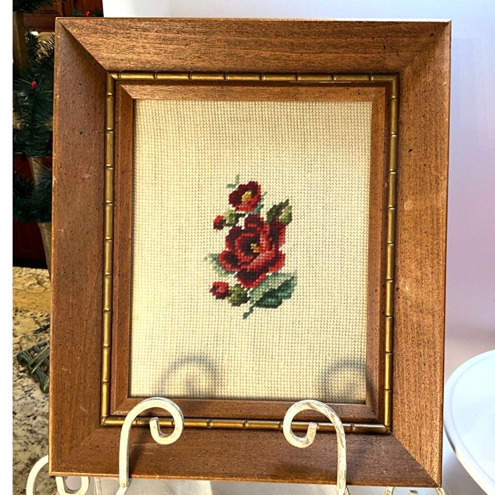 Beautiful vintage framed rose needlepoint; 1964 - ready to hang - Picture 1 of 4